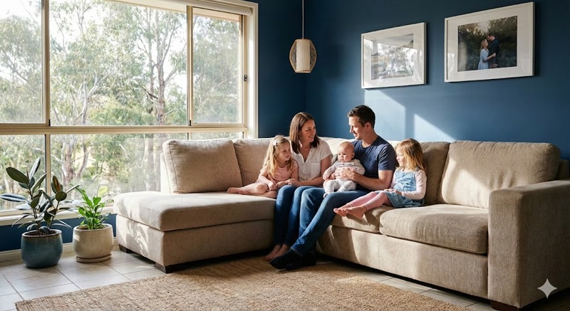 Familia feliz reunida sentada en el sofá de una gran sala de estar con una ventana de cristal