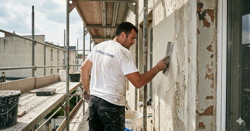 Operario de EcoNanoTherm aplicando el producto IGK2 sobre la pared exterior